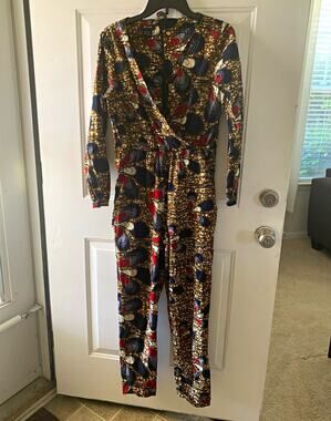 Diyanu Women's Ankara Geometric Multicolor V-Neck Long Sleeve Cotton Jumpsuit M
